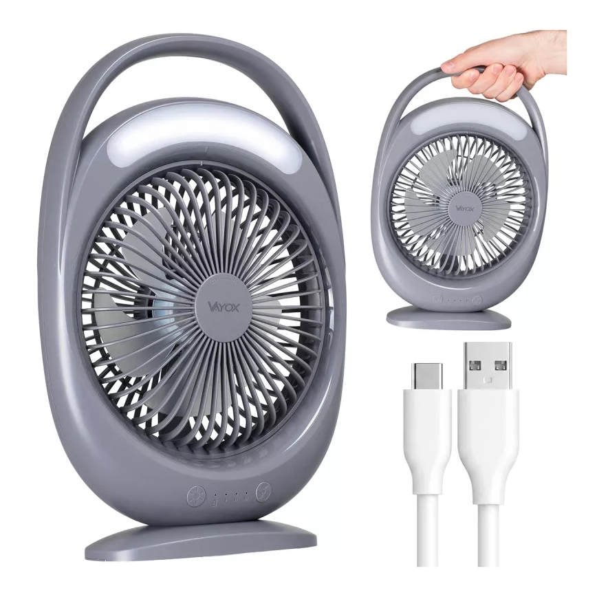 LED polnilni namizni ventilator z LED osvetlitvijo LED/2,8W/5V USB 2400 mAh siva