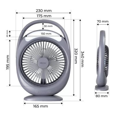 LED polnilni namizni ventilator z LED osvetlitvijo LED/2,8W/5V USB 2400 mAh siva