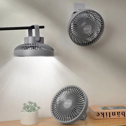 LED Polnilni namizni ventilator z LED osvetlitvijo LED/2W/5V USB 2400 mAh siva