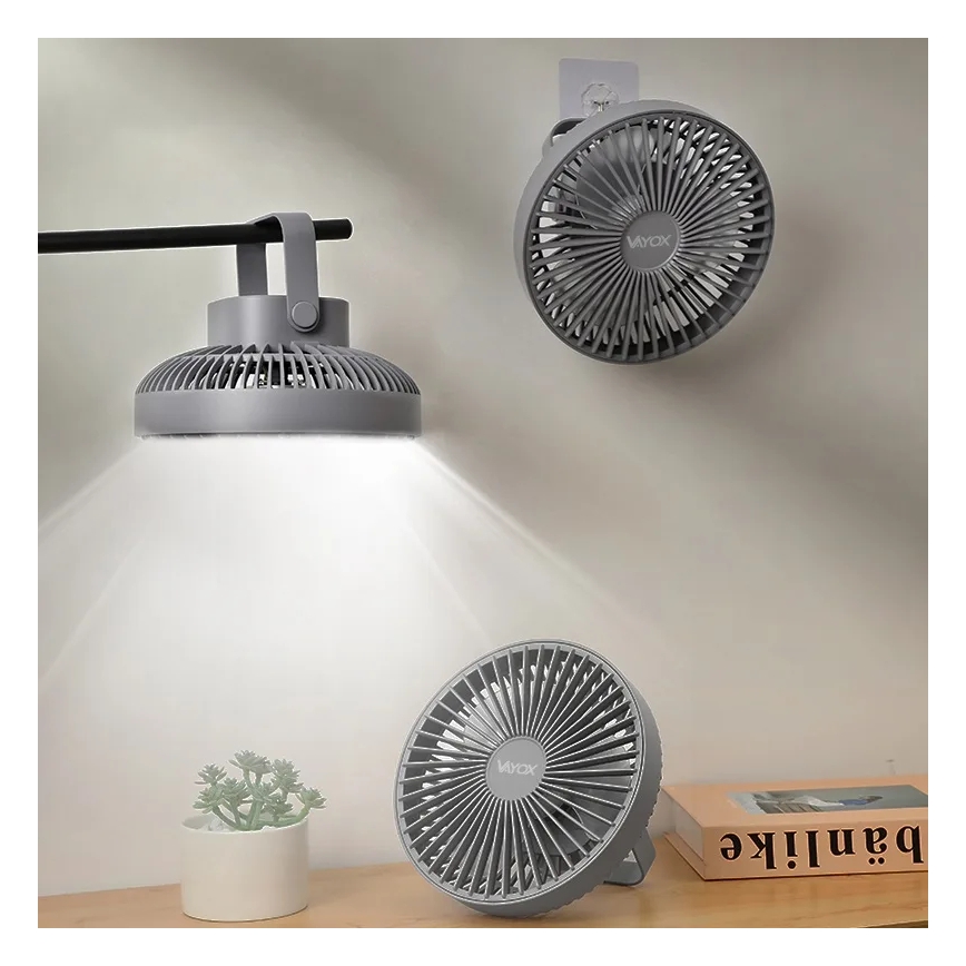 LED Polnilni namizni ventilator z LED osvetlitvijo LED/2W/5V USB 2400 mAh siva
