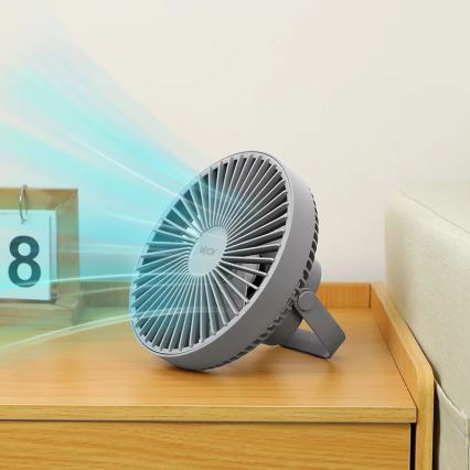 LED Polnilni namizni ventilator z LED osvetlitvijo LED/2W/5V USB 2400 mAh siva