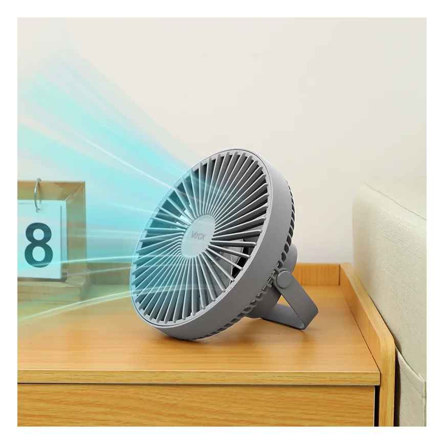 LED Polnilni namizni ventilator z LED osvetlitvijo LED/2W/5V USB 2400 mAh siva
