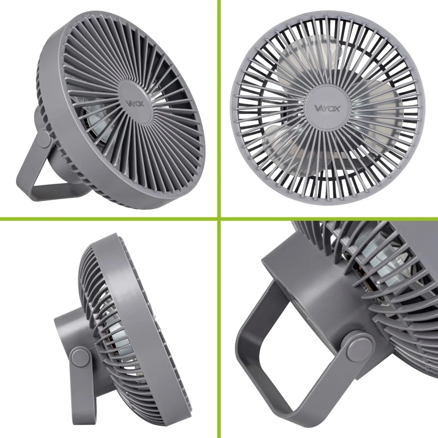 LED Polnilni namizni ventilator z LED osvetlitvijo LED/2W/5V USB 2400 mAh siva