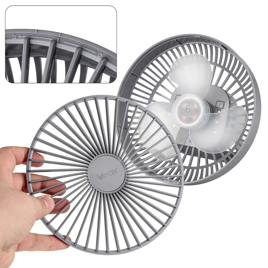 LED Polnilni namizni ventilator z LED osvetlitvijo LED/2W/5V USB 2400 mAh siva