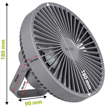 LED Polnilni namizni ventilator z LED osvetlitvijo LED/2W/5V USB 2400 mAh siva