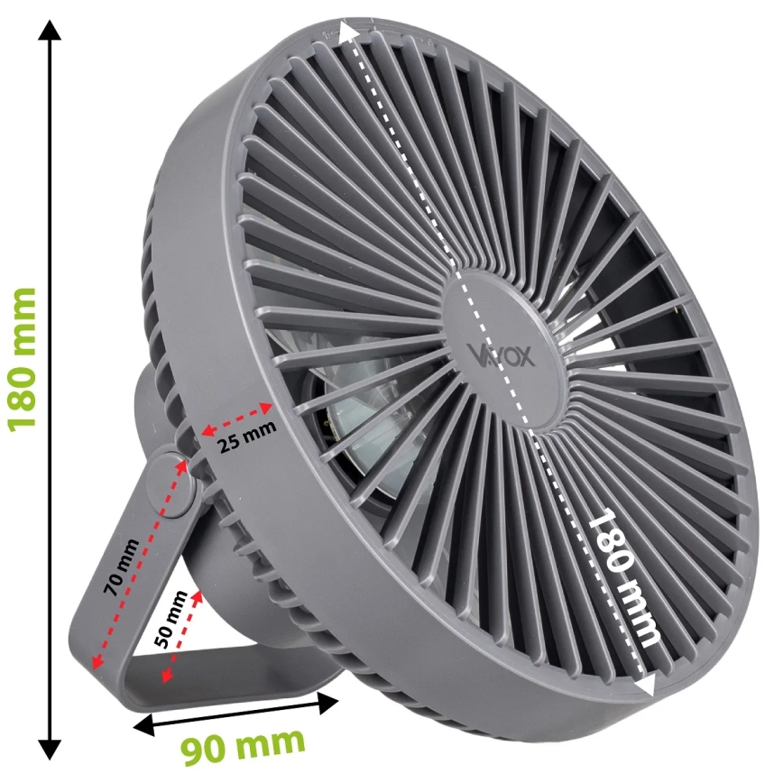 LED Polnilni namizni ventilator z LED osvetlitvijo LED/2W/5V USB 2400 mAh siva