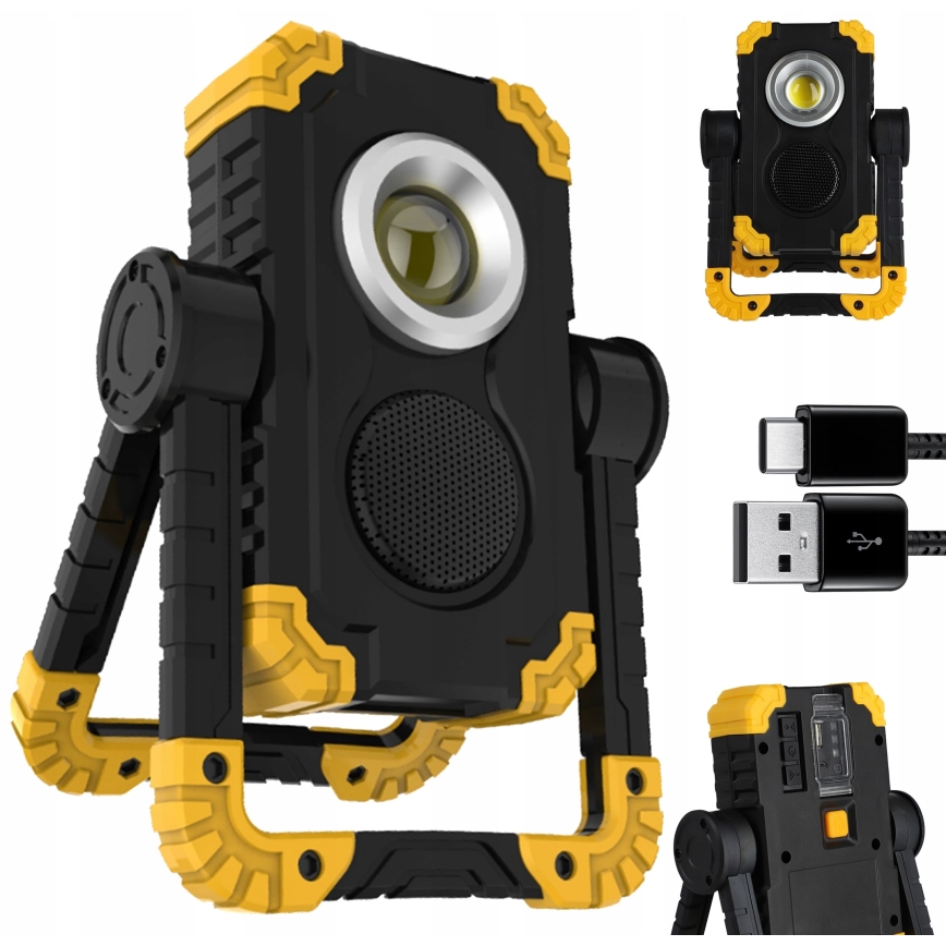 LED polnilni reflektor z zvočnikom in funkcijo powerbanke LED/10W/5V 4400 mAh IP44 črna/rumena