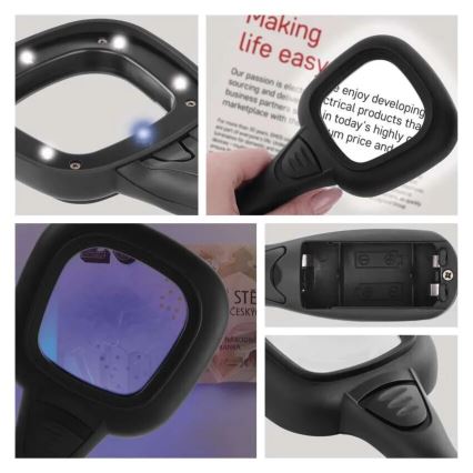LED Povečevalno steklo 2,5xZOOM z osvetlitvijo ozadja in UV svetilko LED/UV/2xAAA