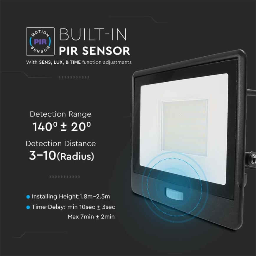 LED Reflektor s senzorjem LED/50W/230V 4000K IP65 črna