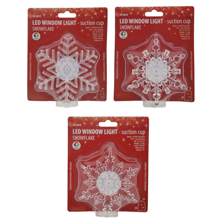 LED RGB božična dekoracija s prisajalko LED/3xLR44 snežinka