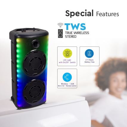 LED RGB Napolnitveni zvočnik z mikrofonom 600W/2400 mAh + Daljinski upravljalnik