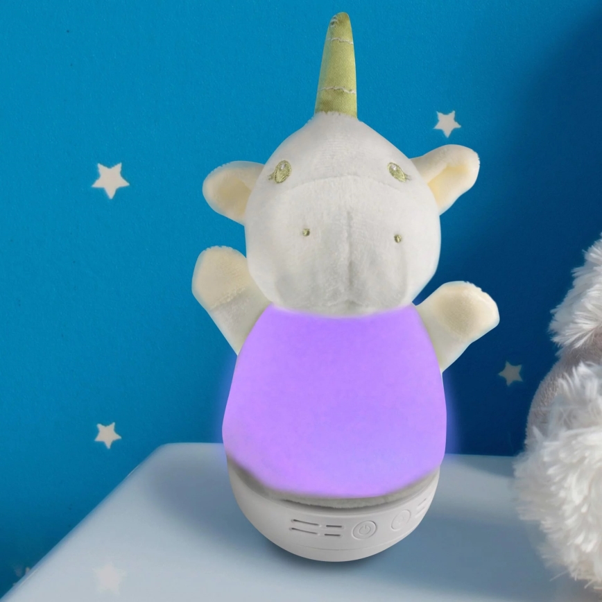 LED RGB Otroška nočna lučka z melodijo 3xAAA/5V samorog