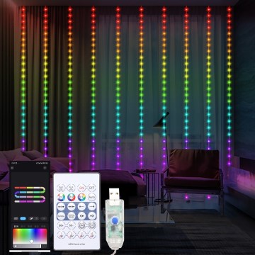 LED RGB Zatemnitvena božična zavesa WIZARD 300xLED/USB 3x3m + Daljinski upravljalnik