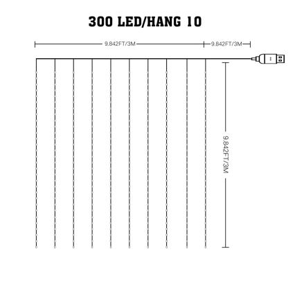 LED RGB Zatemnitvena božična zavesa WIZARD 300xLED/USB 3x3m + Daljinski upravljalnik