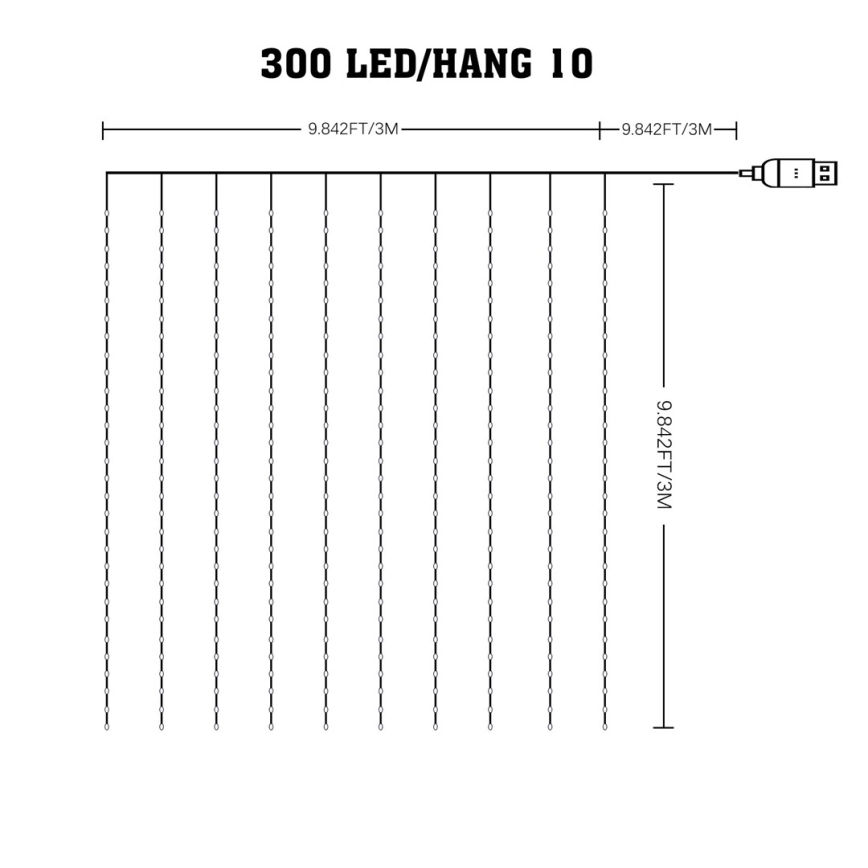 LED RGB Zatemnitvena božična zavesa WIZARD 300xLED/USB 3x3m + Daljinski upravljalnik