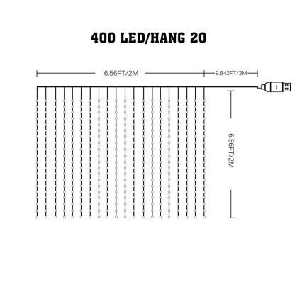 LED RGB Zatemnitvena božična zavesa WIZARD 400xLED/USB 2x2m + Daljinski upravljalnik