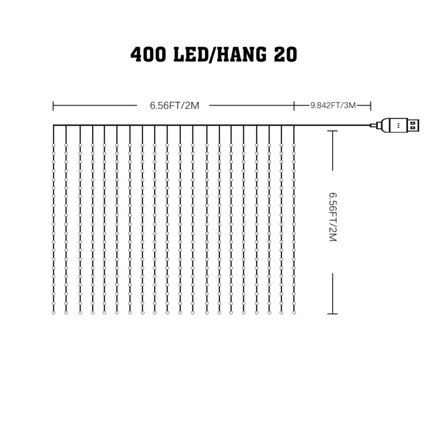 LED RGB Zatemnitvena božična zavesa WIZARD 400xLED/USB 2x2m + Daljinski upravljalnik