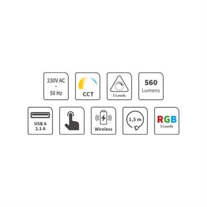 LED RGB Zatemnitvena polnilna namizna svetilka na dotik z brezžičnim polnilnikom LED/7,5W/5V 2700-5300K bela