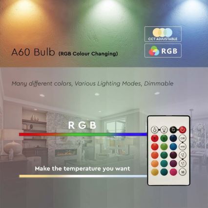 LED RGB Zatemnitvena žarnica A60 E27/8,5W/230V 4000K + Daljinski upravljalnik