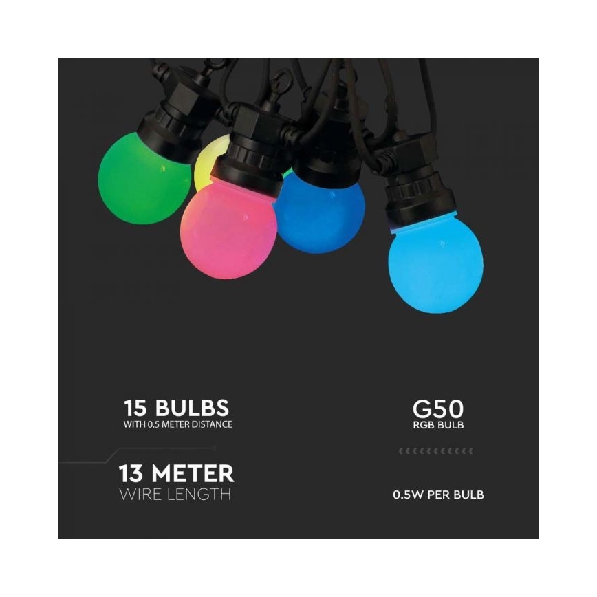 LED RGB Zunanja veriga STRING 13 m 15xLED/0,5W/230V IP44 + Daljinski upravljalnik