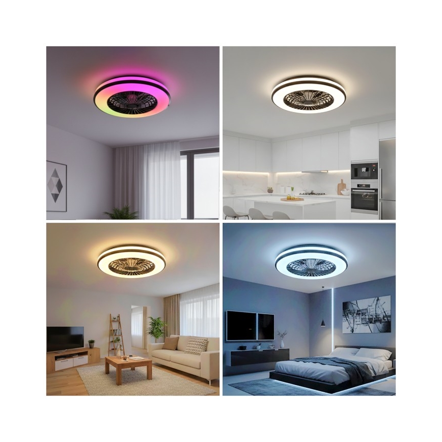 LED RGBW zatemnjivo stropno svetilo z ventilatorjem VENTELUX LED/48W/230V 3000/4000/6500K, premer 48,5 cm, črna + daljinski upravljalnik