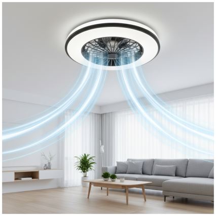 LED RGBW zatemnjivo stropno svetilo z ventilatorjem VENTELUX LED/48W/230V 3000/4000/6500K, premer 48,5 cm, črna + daljinski upravljalnik