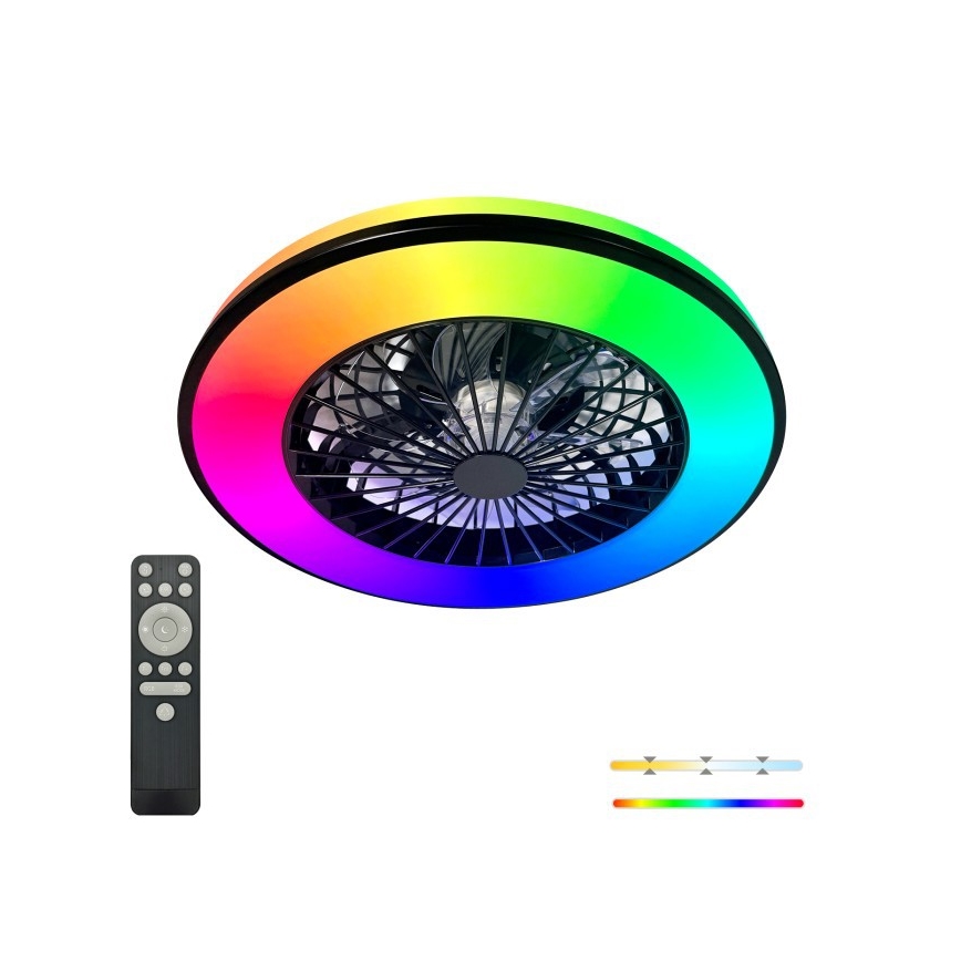 LED RGBW zatemnjivo stropno svetilo z ventilatorjem VENTELUX LED/48W/230V 3000/4000/6500K, premer 48,5 cm, črna + daljinski upravljalnik