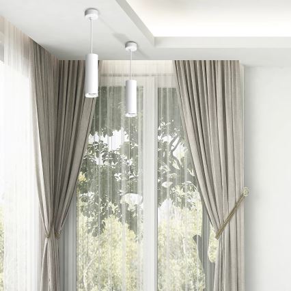 LED RGBW zatemljiv kopalniški viseči lestenec TURYN na kablu 1xGU10/4,8W/230V 3000K IP44, bel, z vključenim daljinskim upravljalnikom