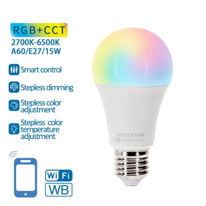 LED RGBW Zatemnitvena žarnica A60 E27/15W/230V 2700-6500K Wi-Fi - Aigostar