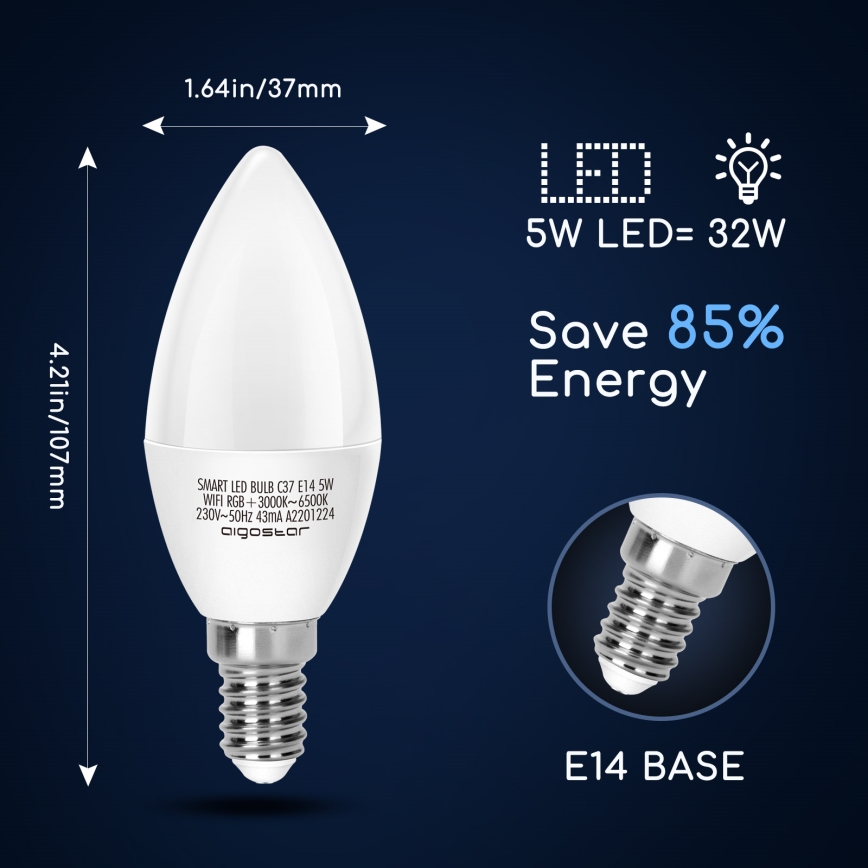 LED RGBW Zatemnitvena žarnica C37 E14/5W/230V 3000-6500K Wi-Fi - Aigostar