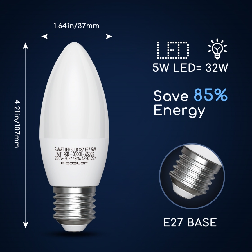 LED RGBW Zatemnitvena žarnica C37 E27/5W/230V 3000-6500K Wi-Fi - Aigostar