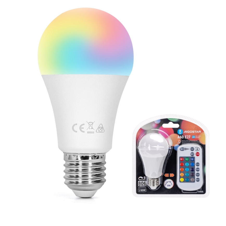 LED RGBW Zatemnitvena žarnica E27/8W/230V 3000K + Daljinski upravljalnik - Aigostar