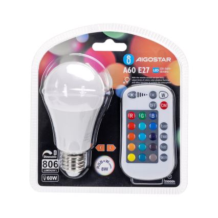 LED RGBW Zatemnitvena žarnica E27/8W/230V 3000K + Daljinski upravljalnik - Aigostar