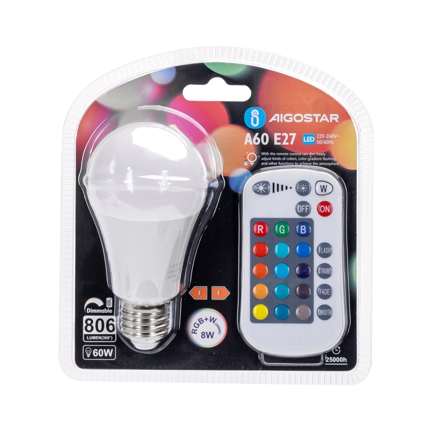 LED RGBW Zatemnitvena žarnica E27/8W/230V 3000K + Daljinski upravljalnik - Aigostar