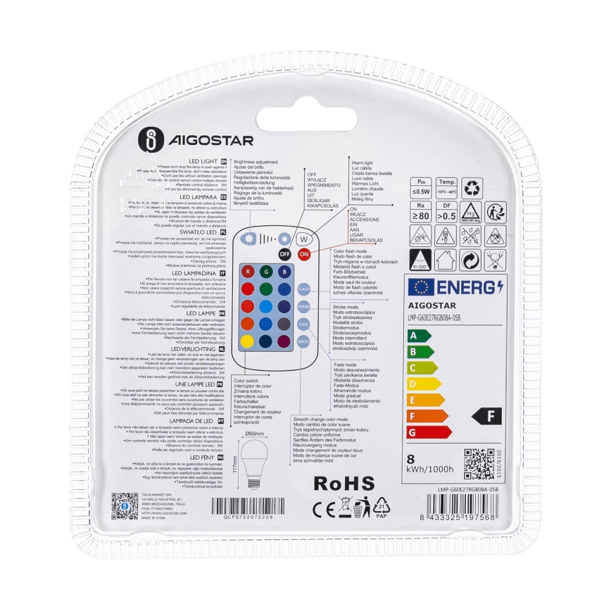 LED RGBW Zatemnitvena žarnica E27/8W/230V 3000K + Daljinski upravljalnik - Aigostar