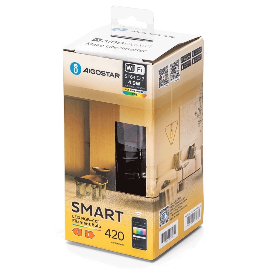 LED RGBW Zatemnitvena žarnica FILAMENT ST64 E27/4,9W/230V 2700-6500K Wi-Fi - Aigostar