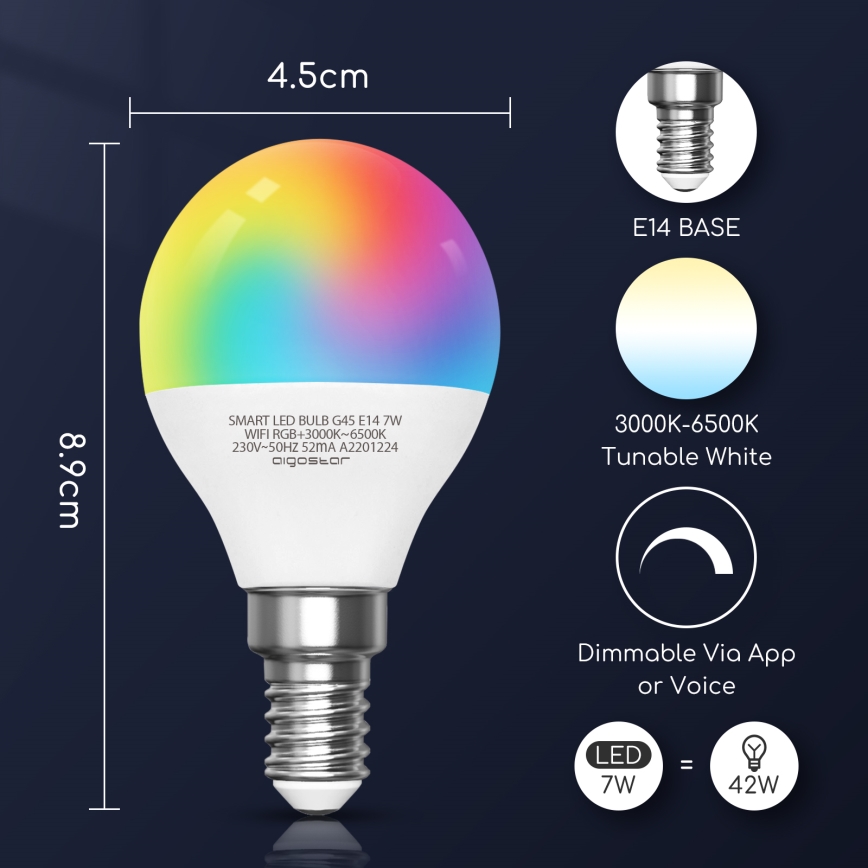 LED RGBW Zatemnitvena žarnica G45 E14/7W/230V 3000-6500K Wi-Fi - Aigostar