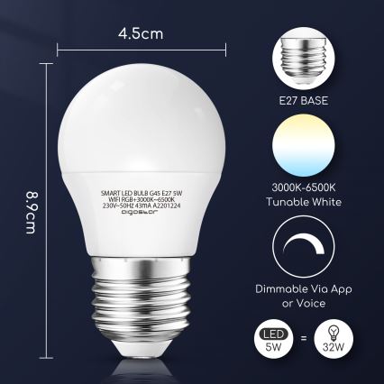 LED RGBW Zatemnitvena žarnica G45 E27/5W/230V 3000-6500K Wi-Fi - Aigostar