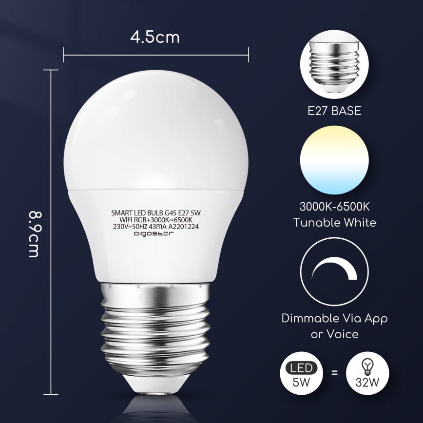 LED RGBW Zatemnitvena žarnica G45 E27/5W/230V 3000-6500K Wi-Fi - Aigostar