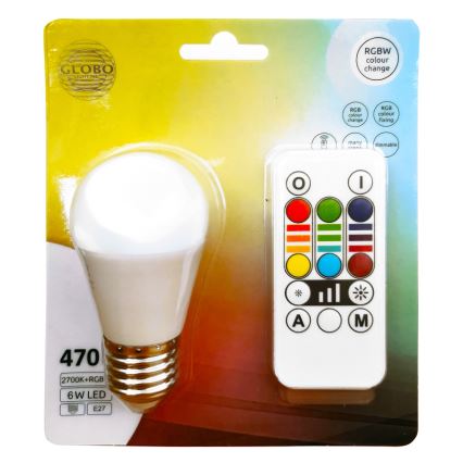 LED RGBW Zatemnitvena žarnica E27/6W/230V 3000K + Daljinski upravljalnik - Globo