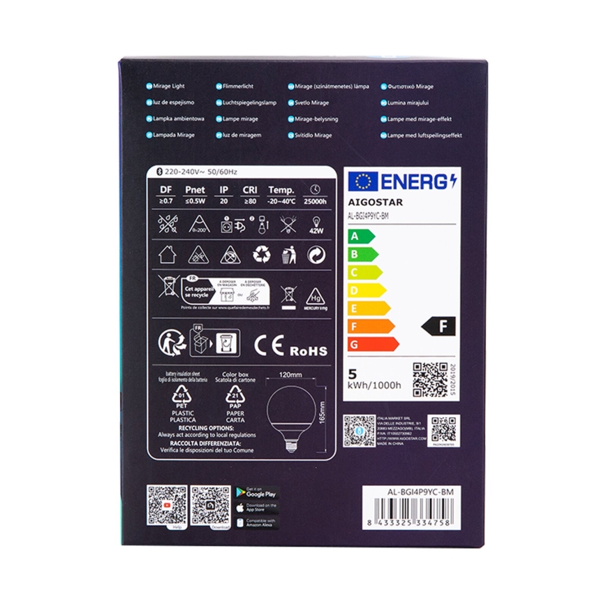 LED RGBW Zatemnitvena žarnica MESH G120 E27/4,9W/230V 2700-6500K + Daljinski upravljalnik - Aigostar