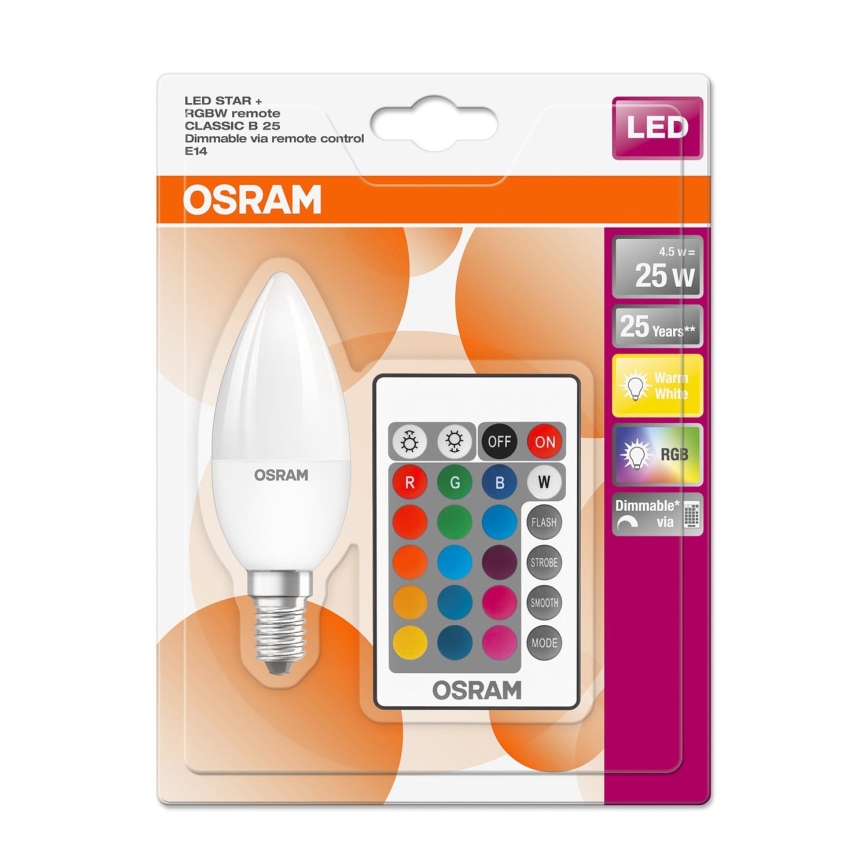 LED RGBW Zatemnitvena žarnica STAR E14/4,5W/230V 2700K + Daljinski upravljalnik – Osram