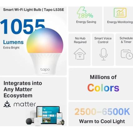 Zatemnljiva LED RGBW žarnica MATTER A60 E27/8,6W/230V 2500-6500K Wi-Fi - TP-Link