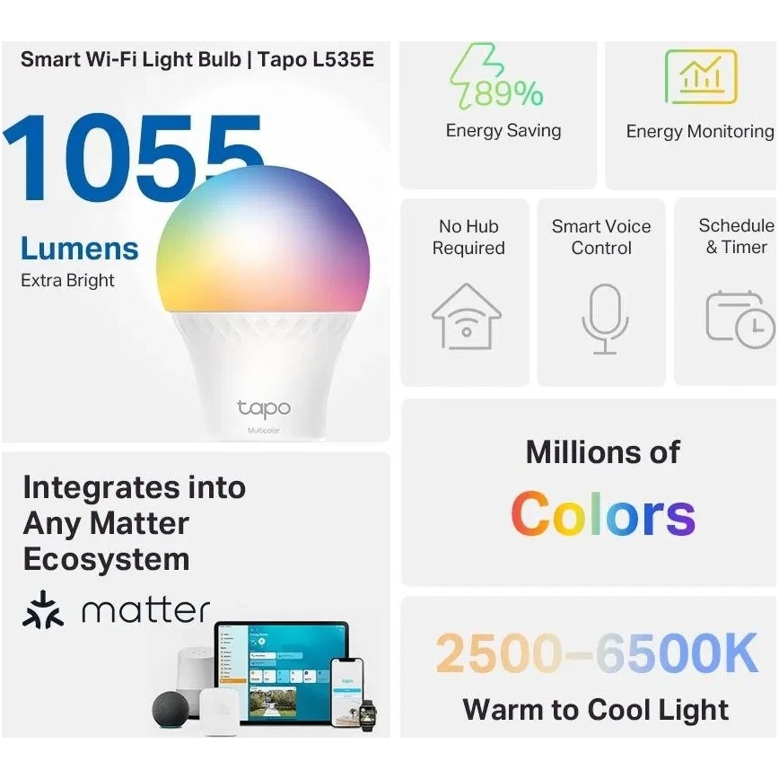 Zatemnljiva LED RGBW žarnica MATTER A60 E27/8,6W/230V 2500-6500K Wi-Fi - TP-Link