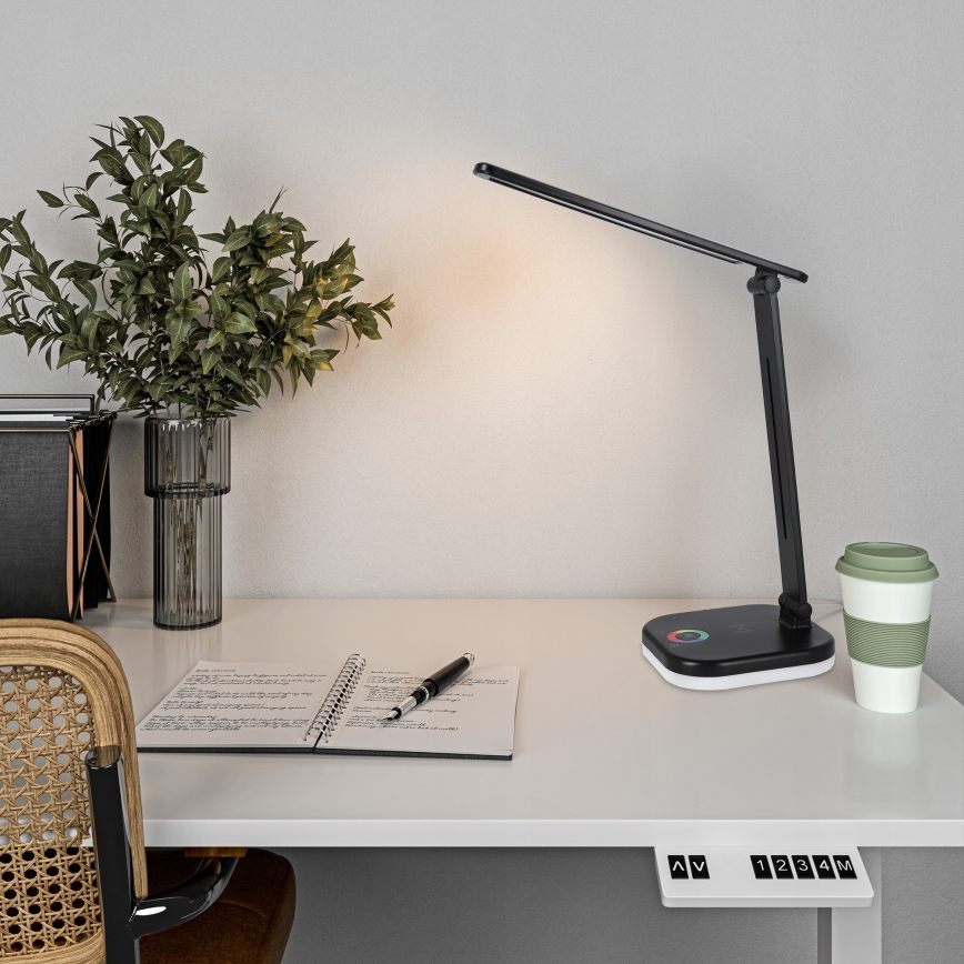 LED RGBW zatemnljiva namizna svetilka z brezžičnim polnjenjem LED/7W/5V USB črna
