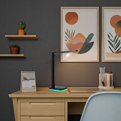 LED RGBW zatemnljiva namizna svetilka z brezžičnim polnjenjem LED/7W/5V USB črna