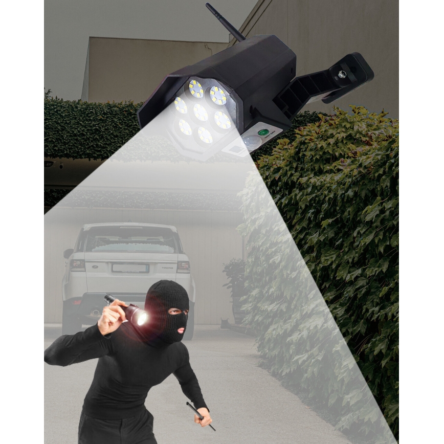 LED Solarna lažna varnostna kamera s senzorjem LED/3,7V 1200 mAh IP44 črna + Daljinski upravljalnik