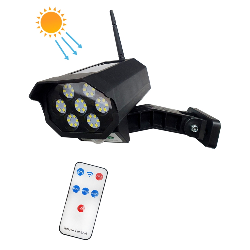 LED Solarna lažna varnostna kamera s senzorjem LED/3,7V 1200 mAh IP44 črna + Daljinski upravljalnik