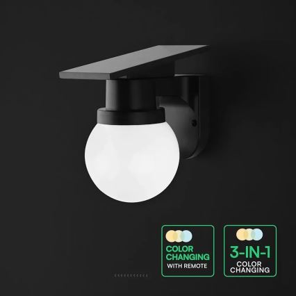 LED sončna stenska svetilka LED/3,7V 3000/4000/6400K IP54 1800 mAh črna + daljinski upravljalnik