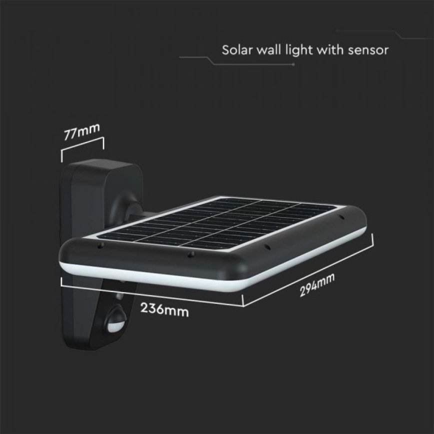 LED Solarna stenska svetilka s senzorjem LED/15W/3,2V 4000K/6000K IP65 6000 mAh črna